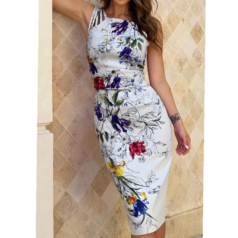 Karen Millen The Atelier White Hand-Painted Floral Print Strappy Sheath Dress, 8